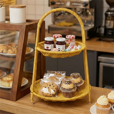 BUFFER® Plastik Rattan İki Katlı Sunumluk–Dekoratif Organizer, Mutfak Meyve,Sebze Sepeti, Banyo Düzenleyici Raf,Masaüstü Çok Amaçlı Sunum Standı