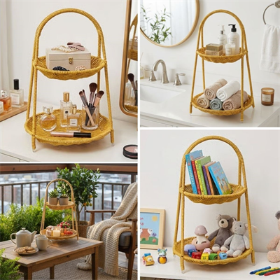 BUFFER® Plastik Rattan İki Katlı Sunumluk–Dekoratif Organizer, Mutfak Meyve,Sebze Sepeti, Banyo Düzenleyici Raf,Masaüstü Çok Amaçlı Sunum Standı