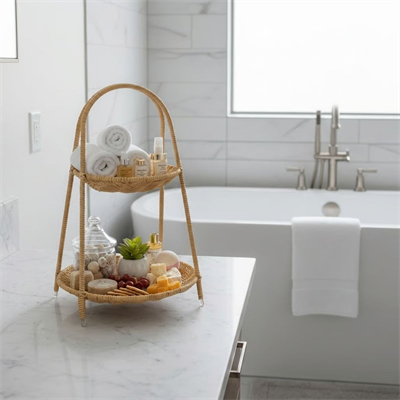 BUFFER® Plastik Rattan İki Katlı Sunumluk–Dekoratif Organizer, Mutfak Meyve,Sebze Sepeti, Banyo Düzenleyici Raf,Masaüstü Çok Amaçlı Sunum Standı