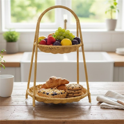 BUFFER® Plastik Rattan İki Katlı Sunumluk–Dekoratif Organizer, Mutfak Meyve,Sebze Sepeti, Banyo Düzenleyici Raf,Masaüstü Çok Amaçlı Sunum Standı