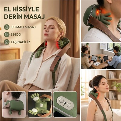 BUFFER® Şarjlı Isıtmalı Boyun ve Omuz Masaj Aleti Parmak Hareketini Taklit Eden Yoğurma Masaj Cihazı