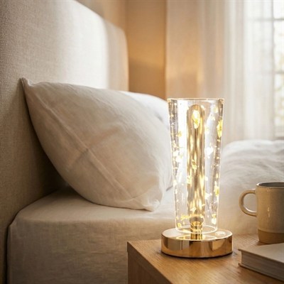 BUFFER® Silindirik Kristal Altın Toz Model LED Masa Lambası – Gold Tabanlı, Dokunmatik, 3 Renk Işık Modlu, Şarjlı Modern Dekoratif Gece Lambası