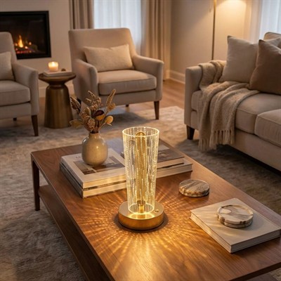 BUFFER® Silindirik Kristal Nokta Model LED Masa Lambası – Gold Tabanlı, Dokunmatik, 3 Renk Işık Modlu, Şarjlı Modern Dekoratif Gece Lambası