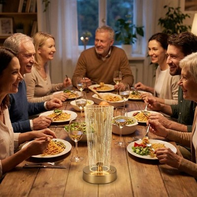 BUFFER® Silindirik Kristal Nokta Model LED Masa Lambası – Gold Tabanlı, Dokunmatik, 3 Renk Işık Modlu, Şarjlı Modern Dekoratif Gece Lambası