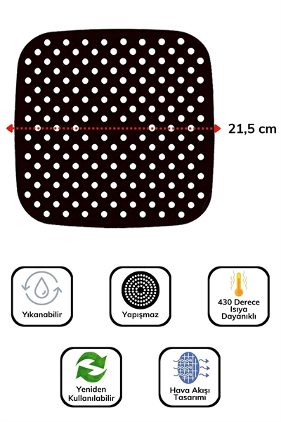BUFFER® Siyah Isıya Dayanıklı Yıkanılabilir Silikon Fırın Ve Airfryer Kare Model Pişirme Matı 21,5 Cm