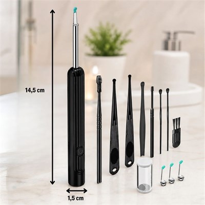 BUFFER® Siyah Kablosuz HD Görüntülü Kulak Temizleme Kamerası, LED Işıklı Type-C Şarjlı iOS ve Android Uyumlu Kulak Temizleme Seti