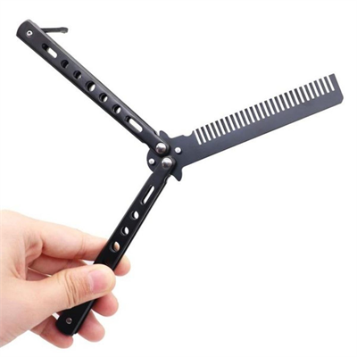 BUFFER® Siyah Katlanabilir Paslanmaz Çelik Kelebek Bıçak Tarak Sakal Bıyık Fırçası Profesyonel Saç Kesimi İçin Tarak