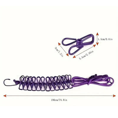 BUFFER® Taşınabilir Seyahat Çamaşır İpi 12 Mandallı Klipsli Lastikli Çamaşır Mandalları