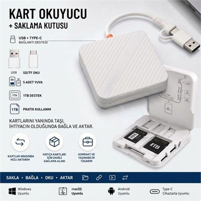 BUFFER® USB ve Type-C Uyumlu Çok Fonksiyonlu SD TF Kart Okuyucu, USB 3.0 5Gbps Yüksek Hızlı Veri Aktarım Adaptörü ve Kart Saklama Kutusu