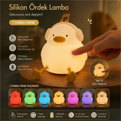 BUFFER® Vurmalı 7 Renkli Silikon Ördek LED Masa Lambası, Müzisyen Tasarımlı, Dokunmatik Renk Değiştiren Dekoratif USB Gece Lambası