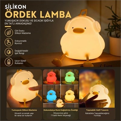 BUFFER® Vurmalı 7 Renkli Silikon Ördek LED Masa Lambası, Müzisyen Tasarımlı, Dokunmatik Renk Değiştiren Dekoratif USB Gece Lambası