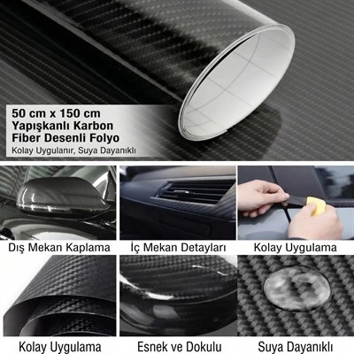 BUFFER® Yapışkanlı Karbon Fiber Folyo 30 Cm x 150 Cm – Araç,Konsol,Torpido,Ayna,Kapı ve Dış Yüzey Kaplama Filmi