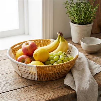 BUFFER® Yuvarlak Çift Renkli Plastik Rattan Ekmek ve Meyve Sepeti - Çok Amaçlı Banyo ve Mutfak Düzenleyici - Yıkanabilir Tezgâh Üstü Organizer