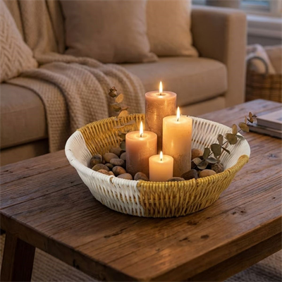 BUFFER® Yuvarlak Çift Renkli Plastik Rattan Ekmek ve Meyve Sepeti - Çok Amaçlı Banyo ve Mutfak Düzenleyici - Yıkanabilir Tezgâh Üstü Organizer