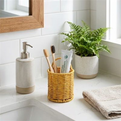 BUFFER® Yuvarlak Hasır Dokulu Plastik Rattan Kaşıklık & Çatallık – Askılı Kendiliğinden Tutmalı Çok Amaçlı Mutfak Organizeri