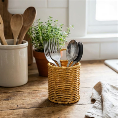 BUFFER® Yuvarlak Hasır Dokulu Plastik Rattan Kaşıklık & Çatallık – Askılı Kendiliğinden Tutmalı Çok Amaçlı Mutfak Organizeri