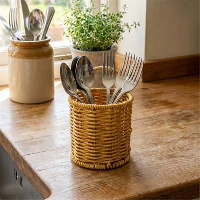 BUFFER® Yuvarlak Hasır Dokulu Plastik Rattan Kaşıklık & Çatallık – Askılı Kendiliğinden Tutmalı Çok Amaçlı Mutfak Organizeri