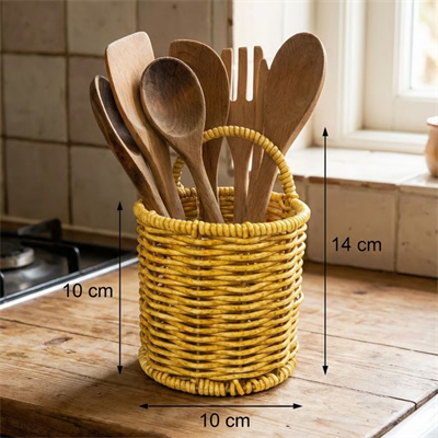 BUFFER® Yuvarlak Hasır Dokulu Plastik Rattan Kaşıklık & Çatallık – Askılı Kendiliğinden Tutmalı Çok Amaçlı Mutfak Organizeri
