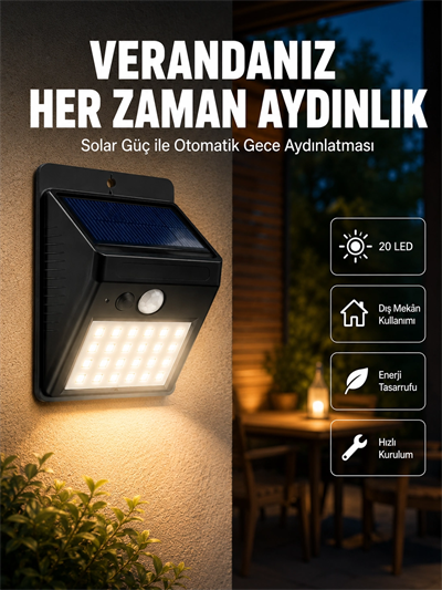 Bahçe ve Dış Mekanlar İçin Güneş Enerjili 20 LED Hareket Sensörlü Lamba Yeni Nesil