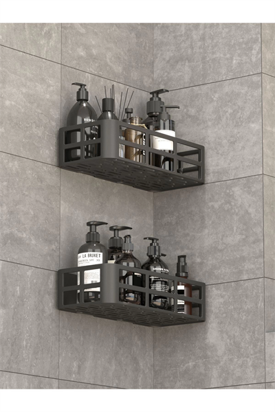 Banyo Duş Rafı 2li Yapışkanlı ve Deliksiz Duş Organizer Suya Dayanıklı Siyah Raf