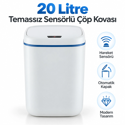 Banyo İçin 20 Litre Temassız Sensörlü Çöp Kovası Beyaz