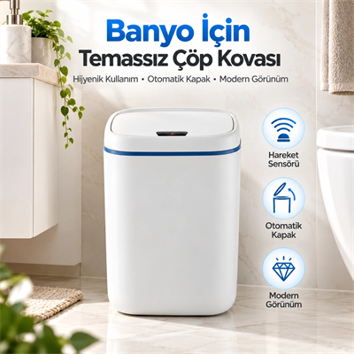 Banyo İçin 20 Litre Temassız Sensörlü Çöp Kovası Beyaz