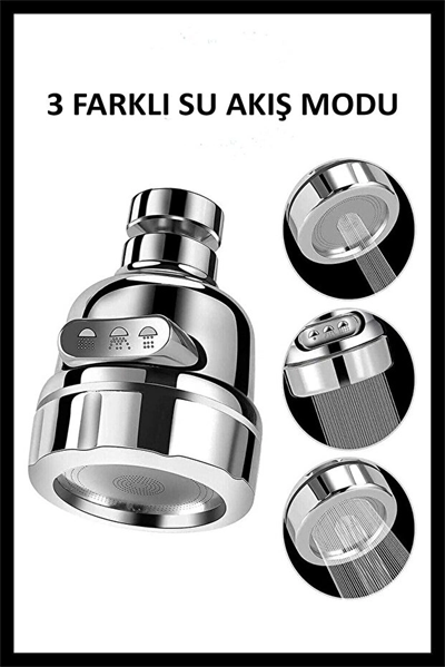 Basınçlı ve Sıçramasız 3 Modlu 360° Döner Krom Musluk Başlığı Evye Lavabo ve Çeşme Batarya Ucu