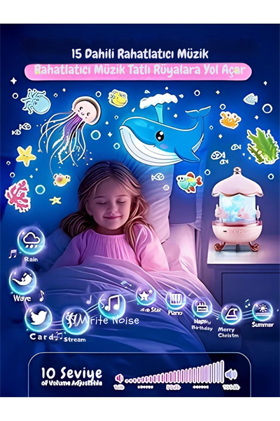 Bej renkli, masa üstü kullanıma uygun, şarj edilebilir ve projektör özellikli gece lambası.