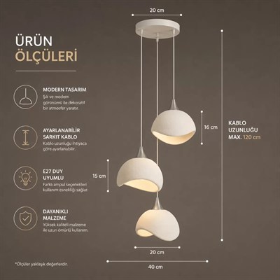 Beton Görünümlü İskandi̇nav Tarzi Salon Oturma Odası 3lü Avize 32 X 70 Cm Beyaz
