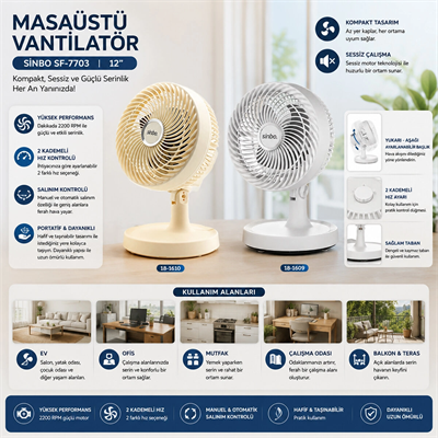 Beyaz 12 Inc Ev - Ofis Kompakt - Sessiz - İki Kademe Masaüstü Vantilatör Sf-7703 Bx40