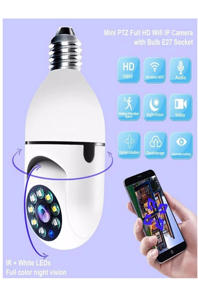 Beyaz 360 derece dönebilen gece görüşlü kablosuz wifi IP kamera HD kayıt SD kart destekli