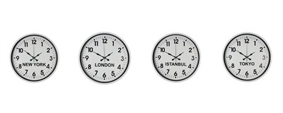 Beyaz 4’lü Dünya Saatleri Seti 36 cm – Otel & Ofis Tipi