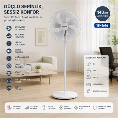 Beyaz 5 Pervane - 18 Inc Ev - Ofis Kompakt - Sessiz - Üç Kademe 140cm Yükseklik Ayaklı Vantilatör Sf-6798 Bx40