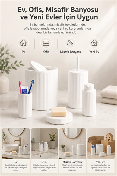 Beyaz Banyo Düzenleyici Set 5 Parça Çöp Kovası Tuvalet Fırçası Sabunluk Fırçalık