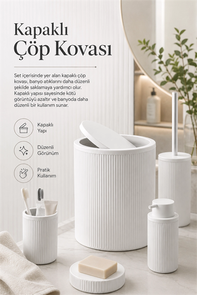 Beyaz Banyo Düzenleyici Set 5 Parça Çöp Kovası Tuvalet Fırçası Sabunluk Fırçalık