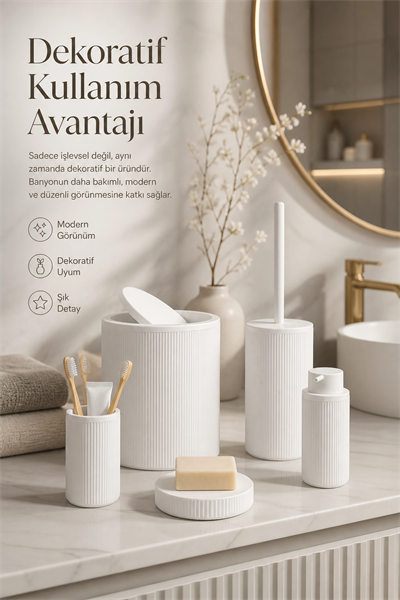 Beyaz Banyo Düzenleyici Set 5 Parça Çöp Kovası Tuvalet Fırçası Sabunluk Fırçalık