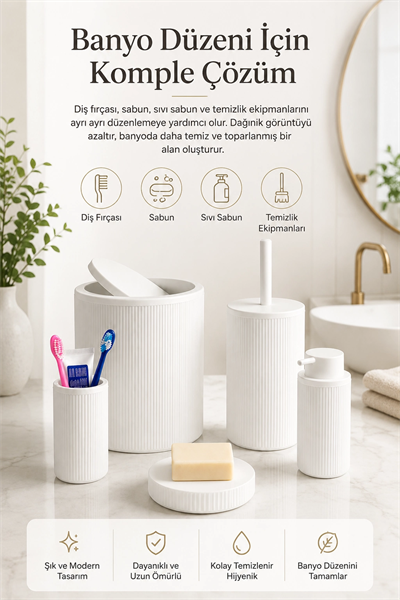 Beyaz Banyo Düzenleyici Set 5 Parça Çöp Kovası Tuvalet Fırçası Sabunluk Fırçalık