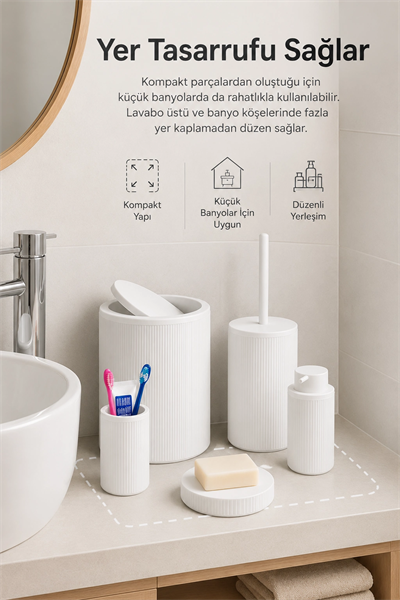 Beyaz Banyo Düzenleyici Set 5 Parça Çöp Kovası Tuvalet Fırçası Sabunluk Fırçalık