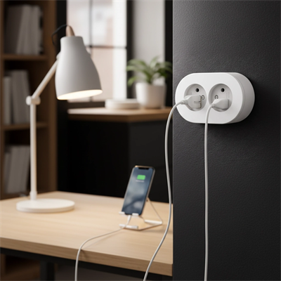 Beyaz Çift Girişli Topraklı Sıva Üstü Elektrik Prizi, Modern Tasarım