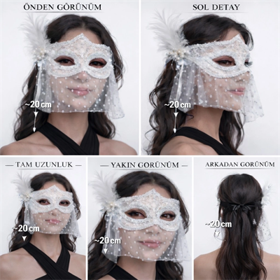 Beyaz Dantel Tüllü Peçeli Parti Maskesi – Tüylü İnci Detaylı