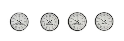 Beyaz Dekoratif 4’lü Dünya Saatleri Seti 36 cm – Otel & Ofis Tipi