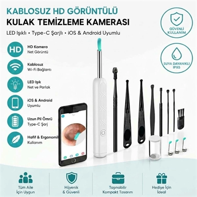 Beyaz Kablosuz Hd Görüntülü Kulak Temizleme Kamerası, Led Işıklı Type-c Şarjlı İos Ve Android Uyumlu Kulak Temizleme Seti Bx40
