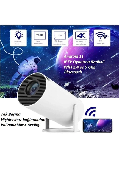 Beyaz LED projeksiyon cihazı HD çözünürlük 2000:1 kontrast 200 ansilümen wifi bluetooth