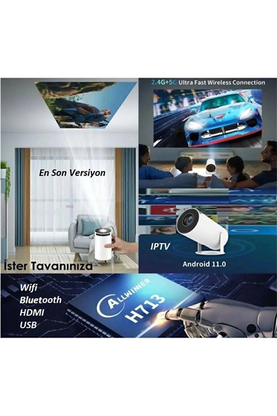 Beyaz LED projeksiyon cihazı HD çözünürlük 2000:1 kontrast 200 ansilümen wifi bluetooth