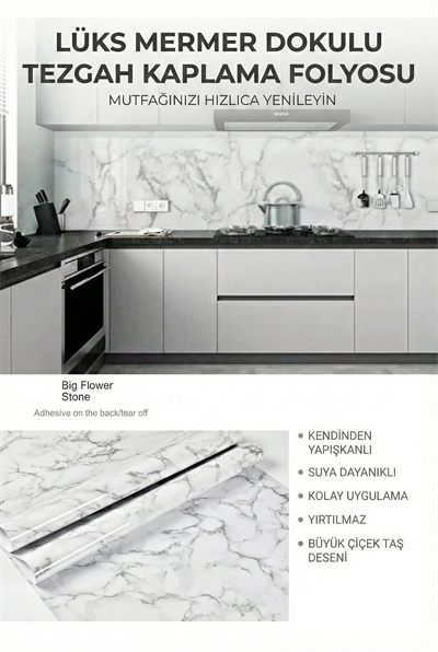 Beyaz Mermer Desenli Yapışkanlı Tezgah Folyosu (3 Mt.x 60 Cm)