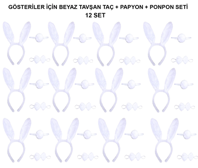 Beyaz Tavşan Kostüm Seti – Taç, Papyon, Kuyruk (12’li Paket)