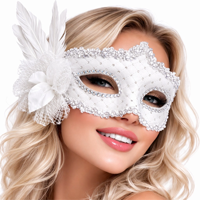 Beyaz Tüylü Venedik Lüks Balo Maskesi
