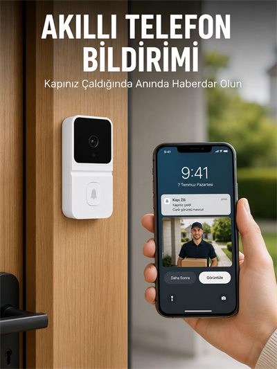 Beyaz Wi-Fi Akıllı Görüntülü Kapı Zili HD Kamera, Gece Görüşü ve Telefon Bildirimli Kablosuz Kapı Zili