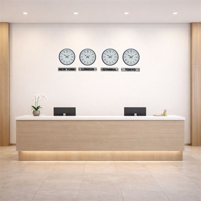 Beyaz Zarif 36 Cm 4 lü Tabelalı Dünya Duvar Saatleri