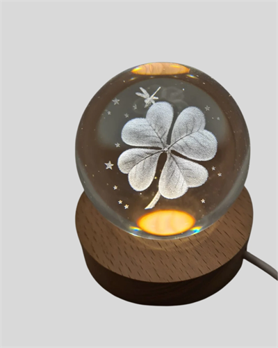 Bitki Temalı LED Işıklı Cam Küre Ahşap Standlı Modern Gece Lambası